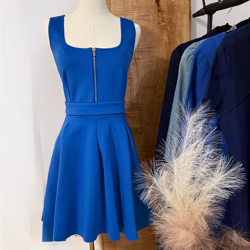 Maje Blue Asymmetrical Fit and Flare Cocktail Dress